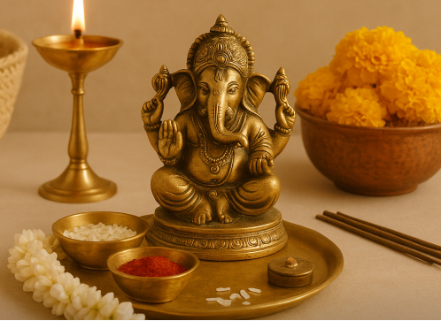Bronze Ganesha statue with offerings on a beige background